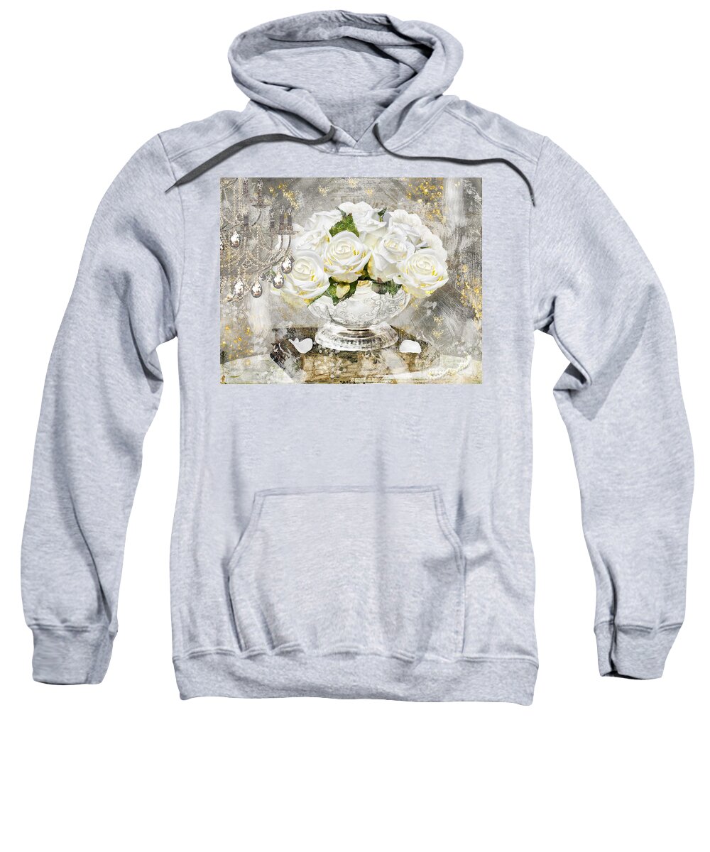Shabby Roses Sweatshirt featuring the painting Shabby White Roses with Gold Glitter by Mindy Sommers