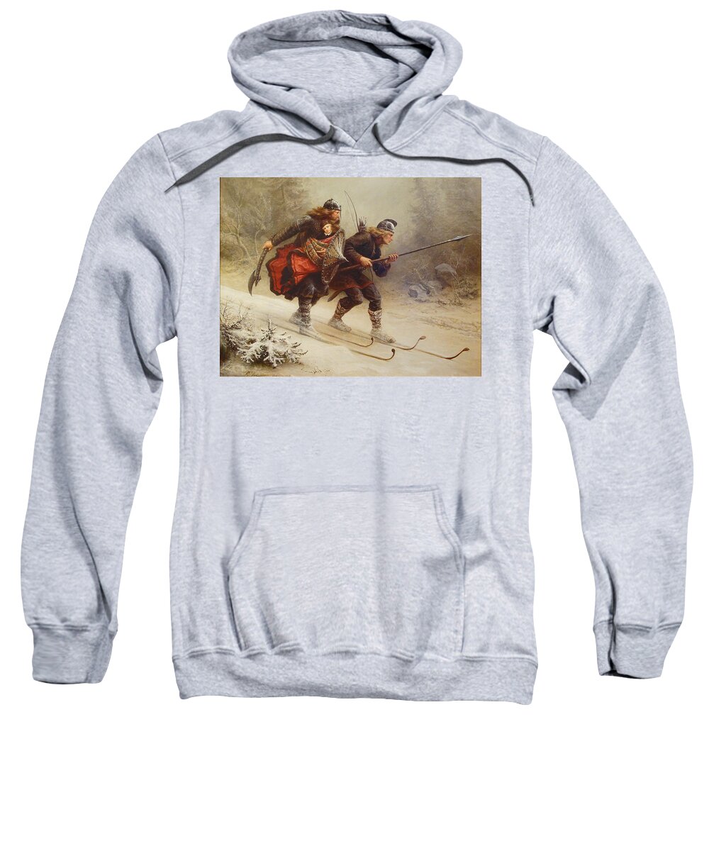 Knud Bergslien Sweatshirt featuring the painting Skiing Birchlegs Crossing the Mountain with the Royal Child by Knud Bergslien