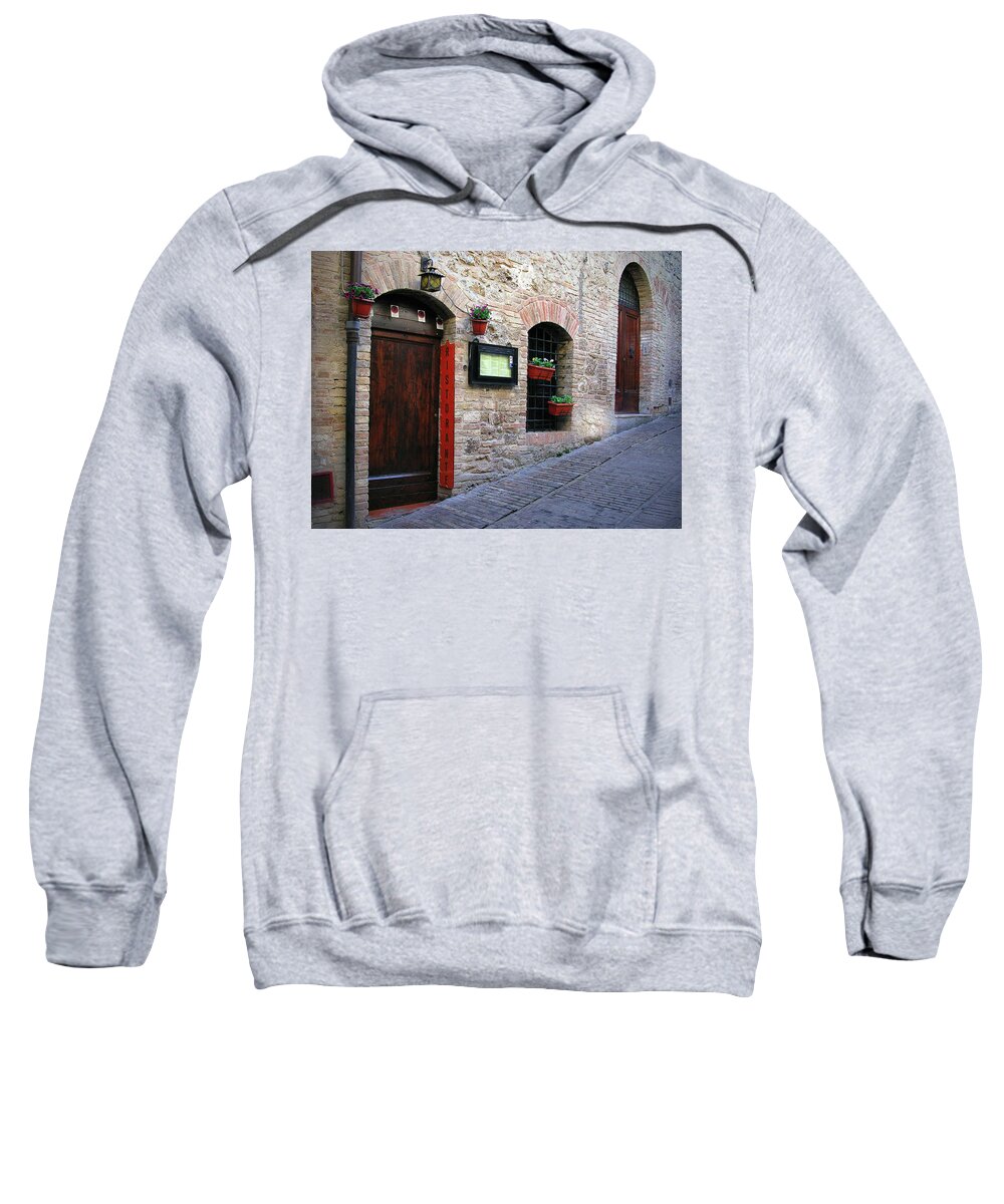 Street View Sweatshirt featuring the photograph Small Ristorante in San Gimignano, Tuscany Italy by Lily Malor