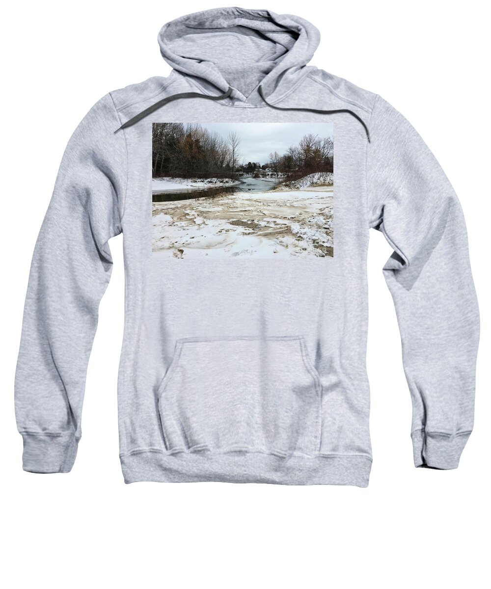 Elk Rapids Sweatshirt featuring the photograph Snowy Elk Rapids River by Laura Kinker