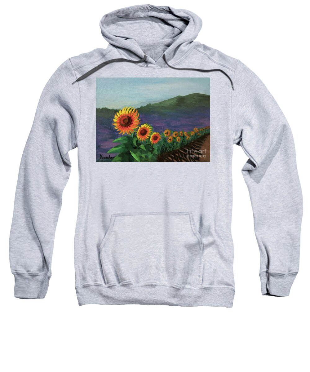 Sunflower Sweatshirt featuring the painting Sunflowers in a row by Yoonhee Ko