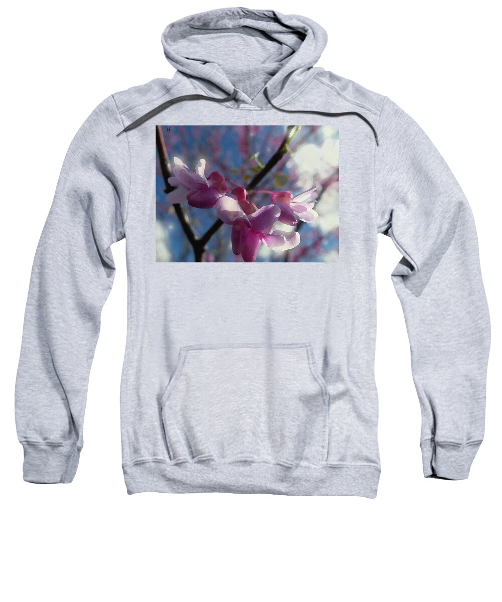 Spring Sweatshirt featuring the mixed media Sunlight on Redbuds by Shelli Fitzpatrick