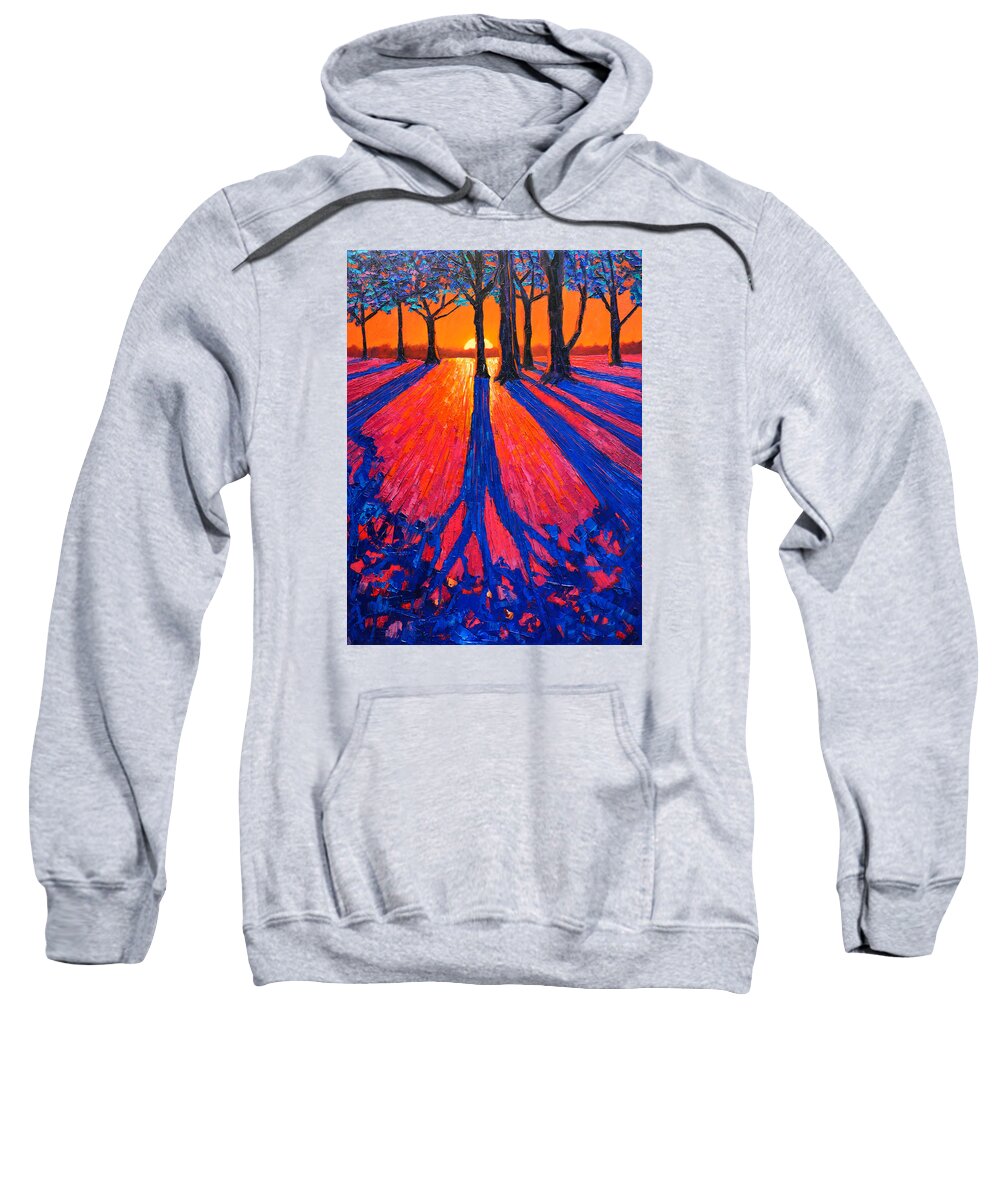 Trees Sweatshirt featuring the painting Sunrise In Glory - Long Shadows Of Trees At Dawn by Ana Maria Edulescu