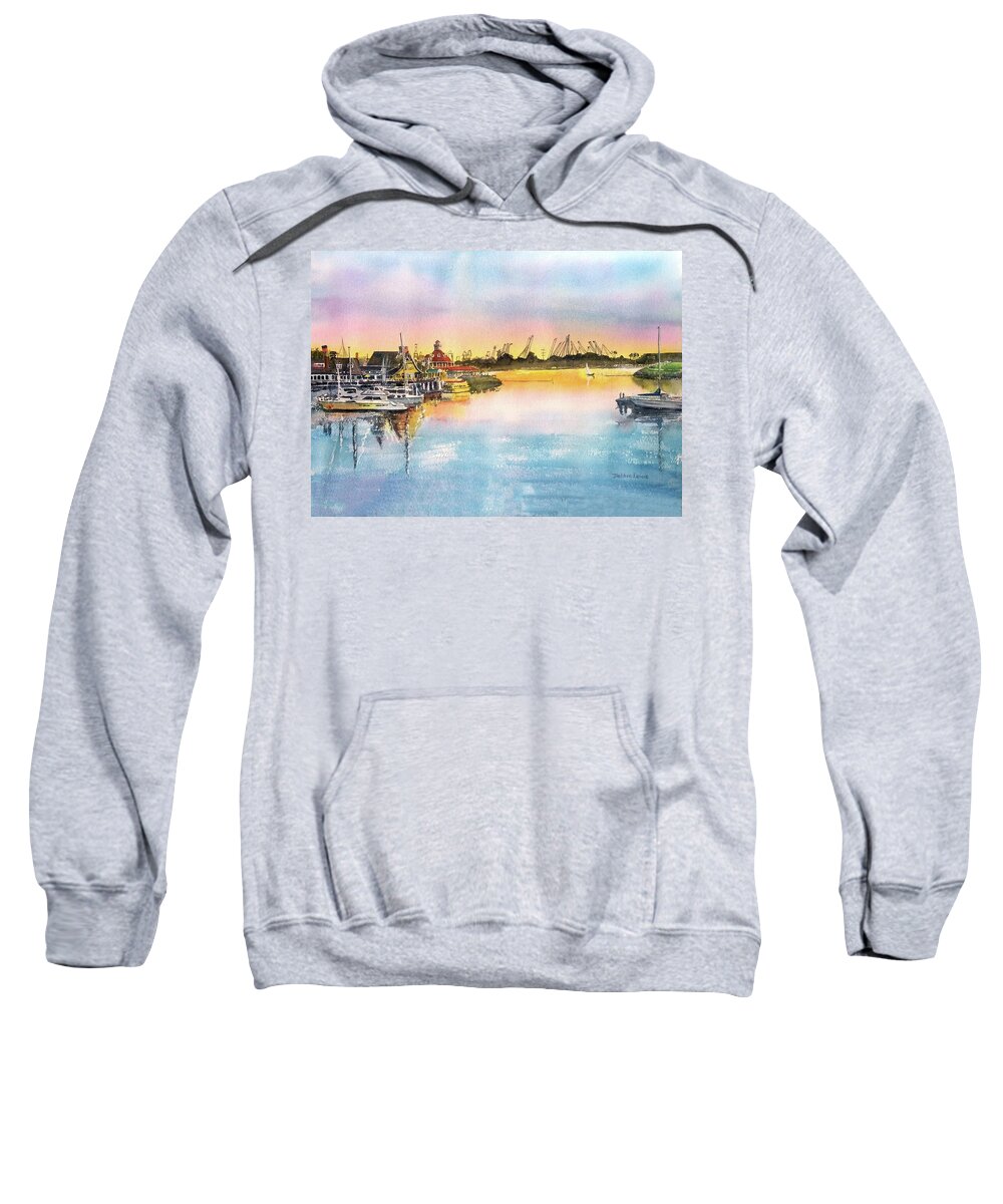 Shoreline Village Sweatshirt featuring the painting Sunset at Shoreline Village by Debbie Lewis