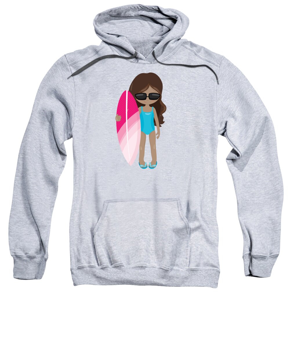 Surfer Art Sweatshirt featuring the digital art Surfer Art Surf's Up Girl with Surfboard #16 by KayeCee Spain