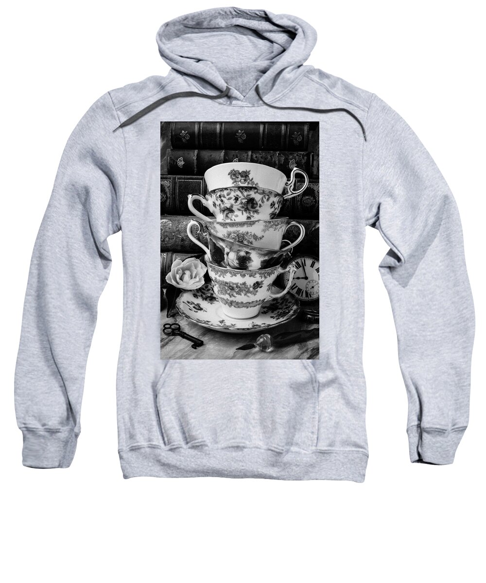 Flower Sweatshirt featuring the photograph Tea Cups In Black And White by Garry Gay