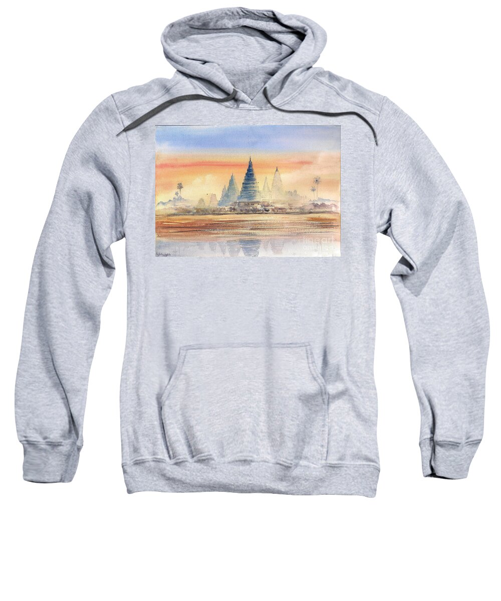 Angkor Wat Sweatshirt featuring the painting Temples in the dusk by Asha Sudhaker Shenoy