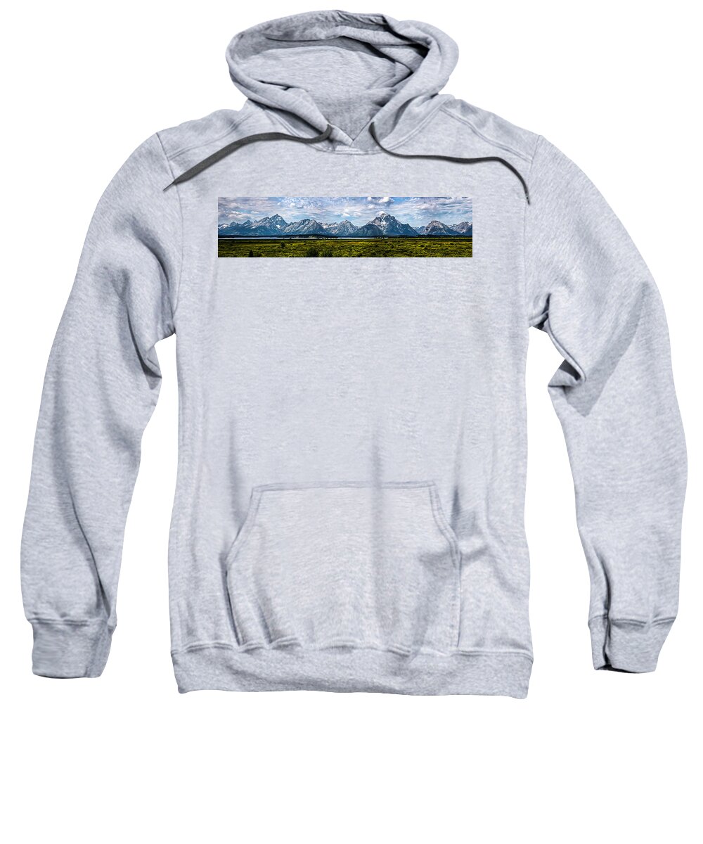 The Grand Tetons Sweatshirt featuring the photograph Tetons - Panorama by Shane Bechler