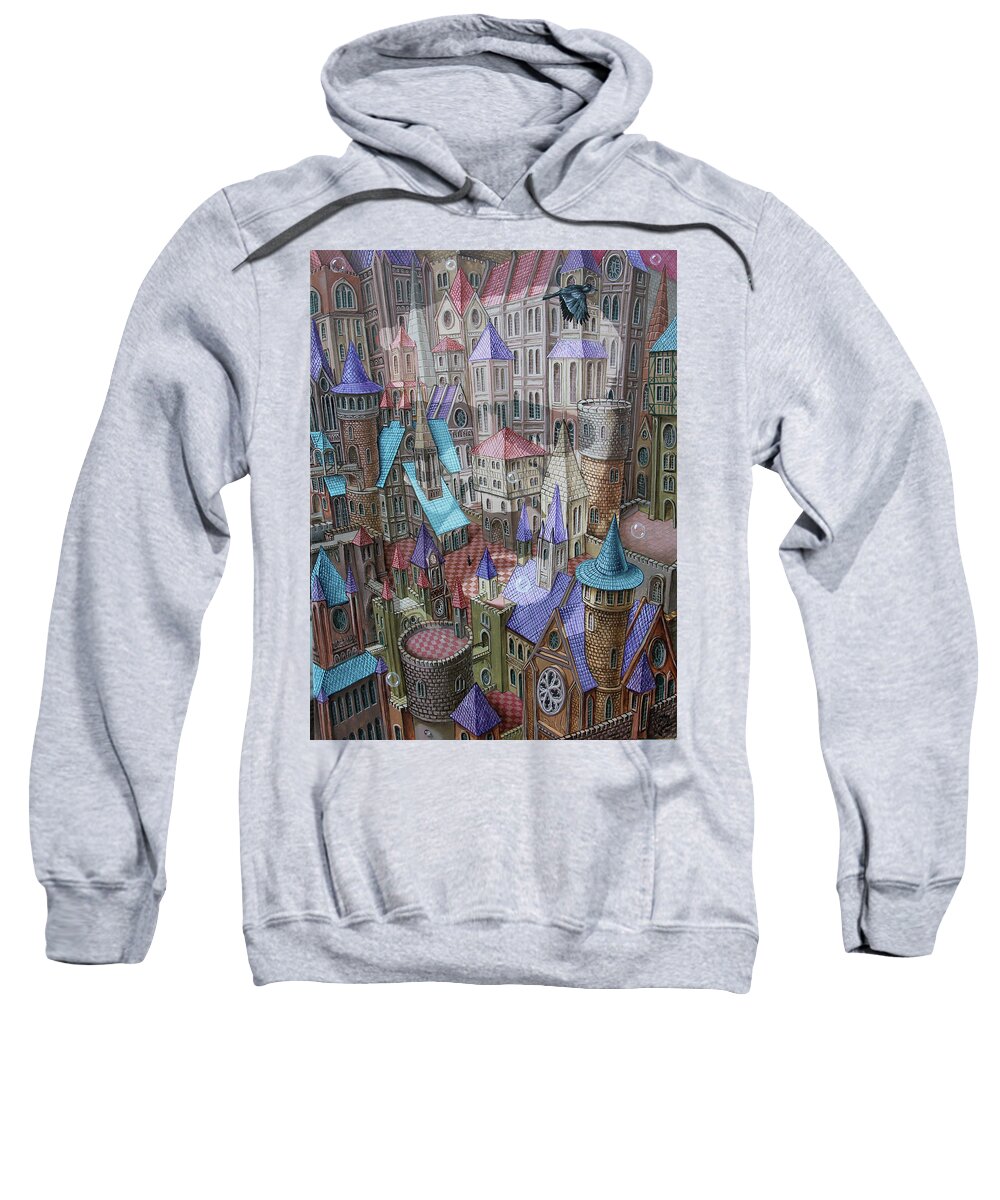 Edgar Alan Poe Sweatshirt featuring the painting The City of Crow by Victor Molev