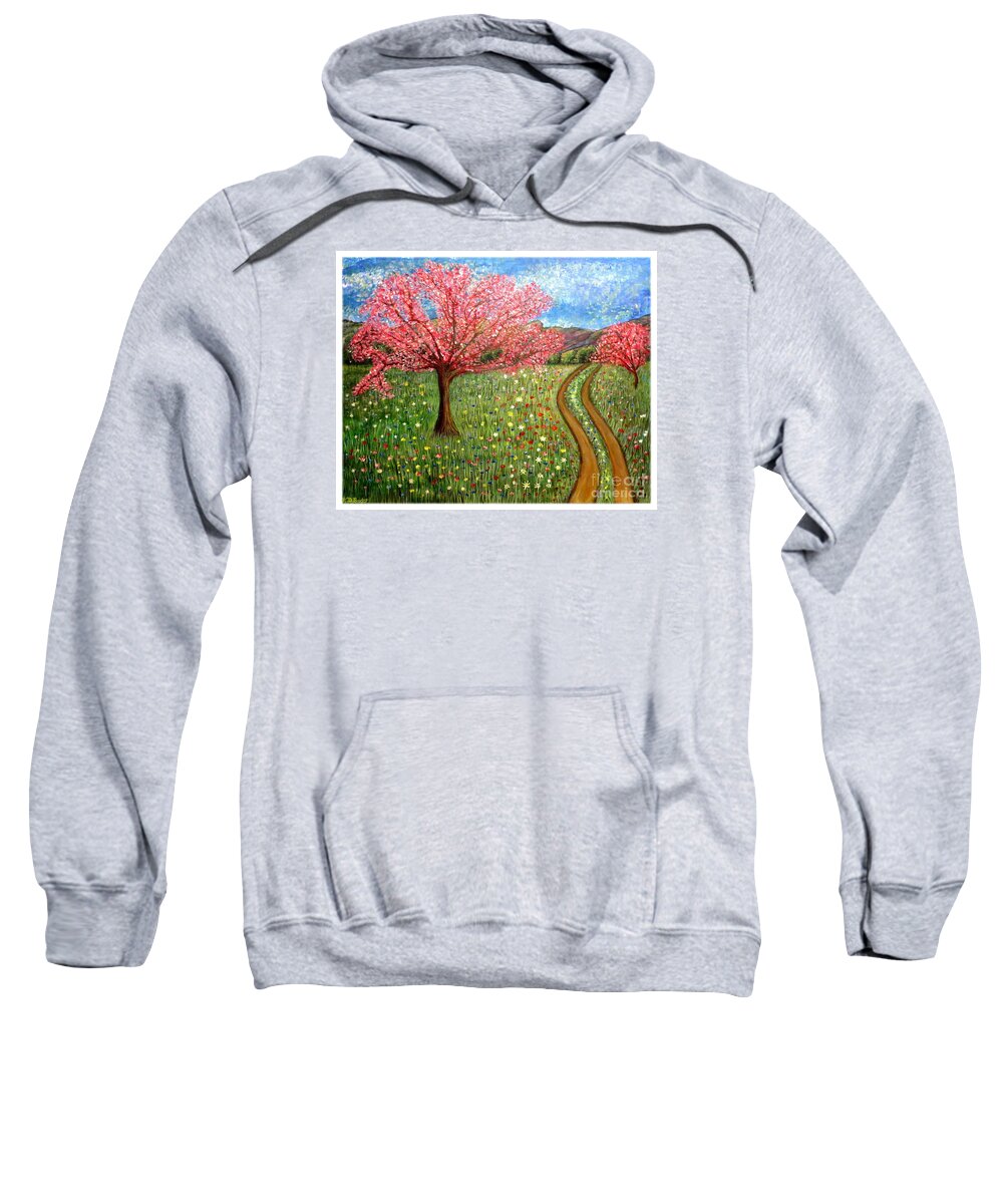 Colorful Field Or Meadow Of Flowers Bright Colors Blue Sweatshirt featuring the painting The Enchanted Fairy Garden Meadow by Kimberlee Baxter