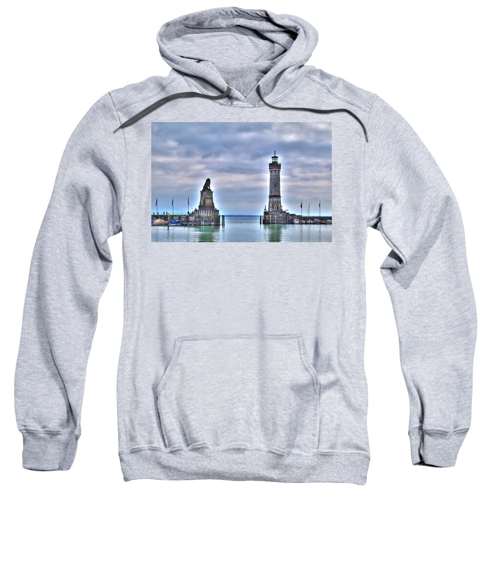 Adventure Sweatshirt featuring the photograph the entrance of the harbour of Lindau at the Lake Constance by Gina Koch
