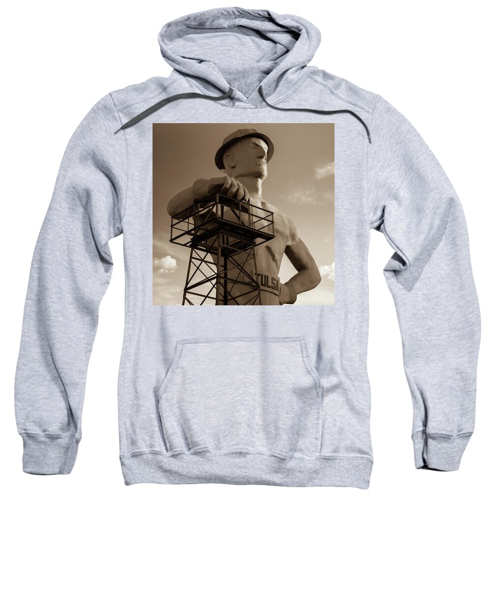 America Sweatshirt featuring the photograph The Golden Driller - Tulsa Oklahoma Square Art - Sepia Edition by Gregory Ballos