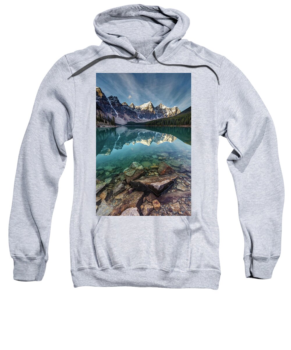 Moraine Lake Sweatshirt featuring the photograph The Iconic Moraine Lake by Pierre Leclerc Photography