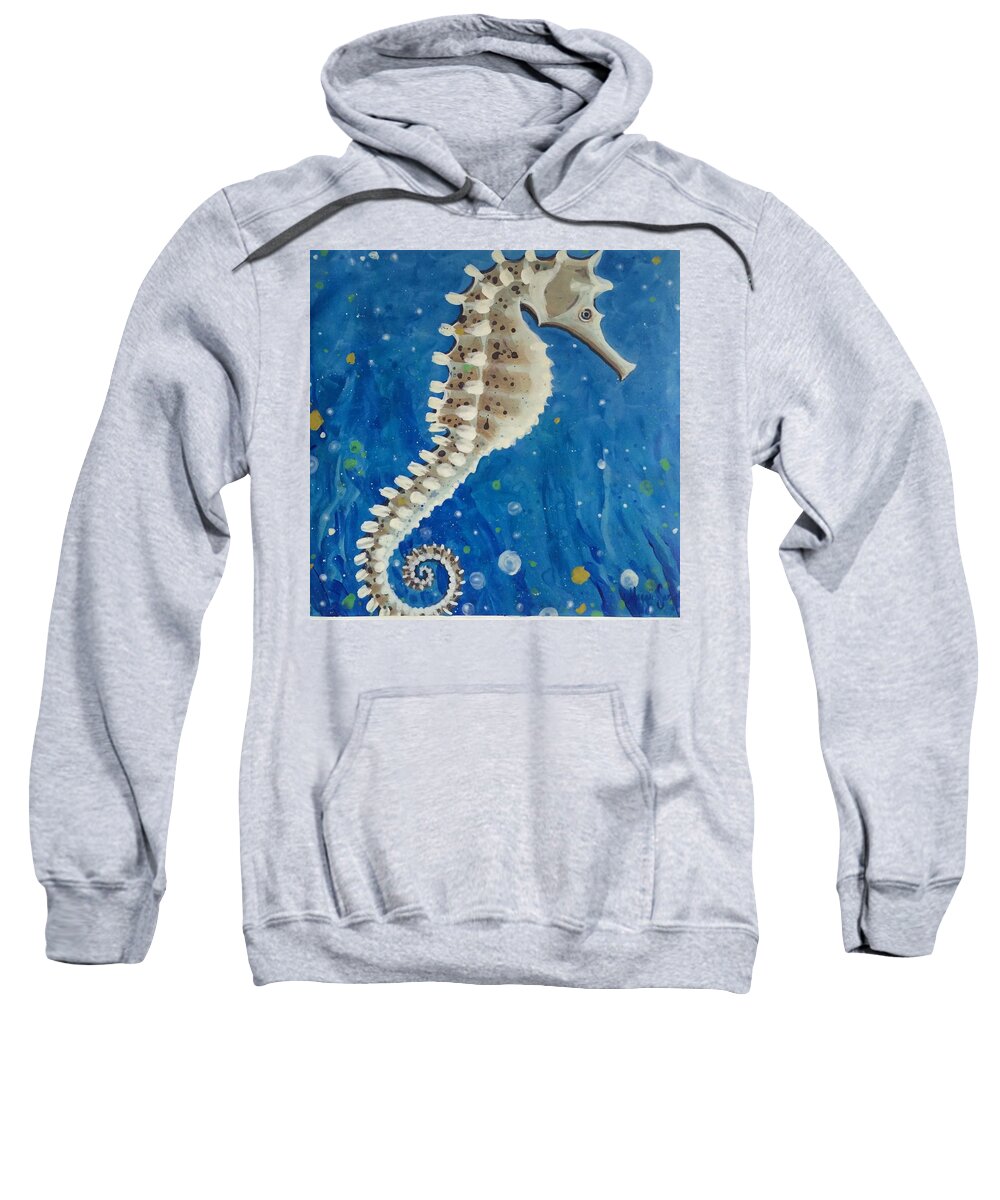 Seahorse ️blue Water Sealife Coastal Beachhouse Nature Sweatshirt featuring the painting The Lined Seahorse by Maggii Sarfaty