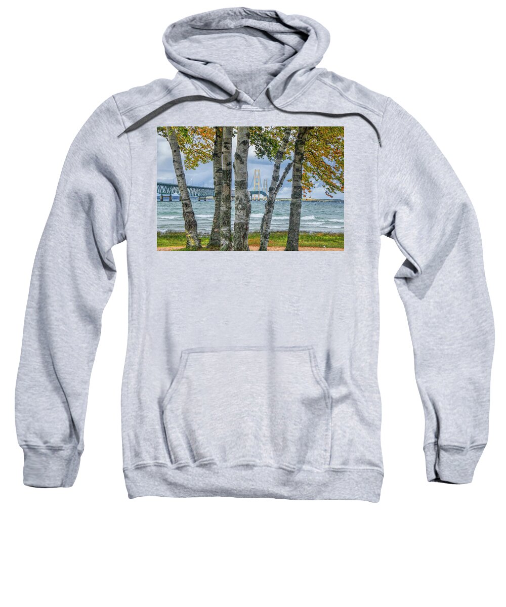 Art Sweatshirt featuring the photograph The Mackinaw Bridge by the Straits of Mackinac in Autumn with Birch Trees by Randall Nyhof