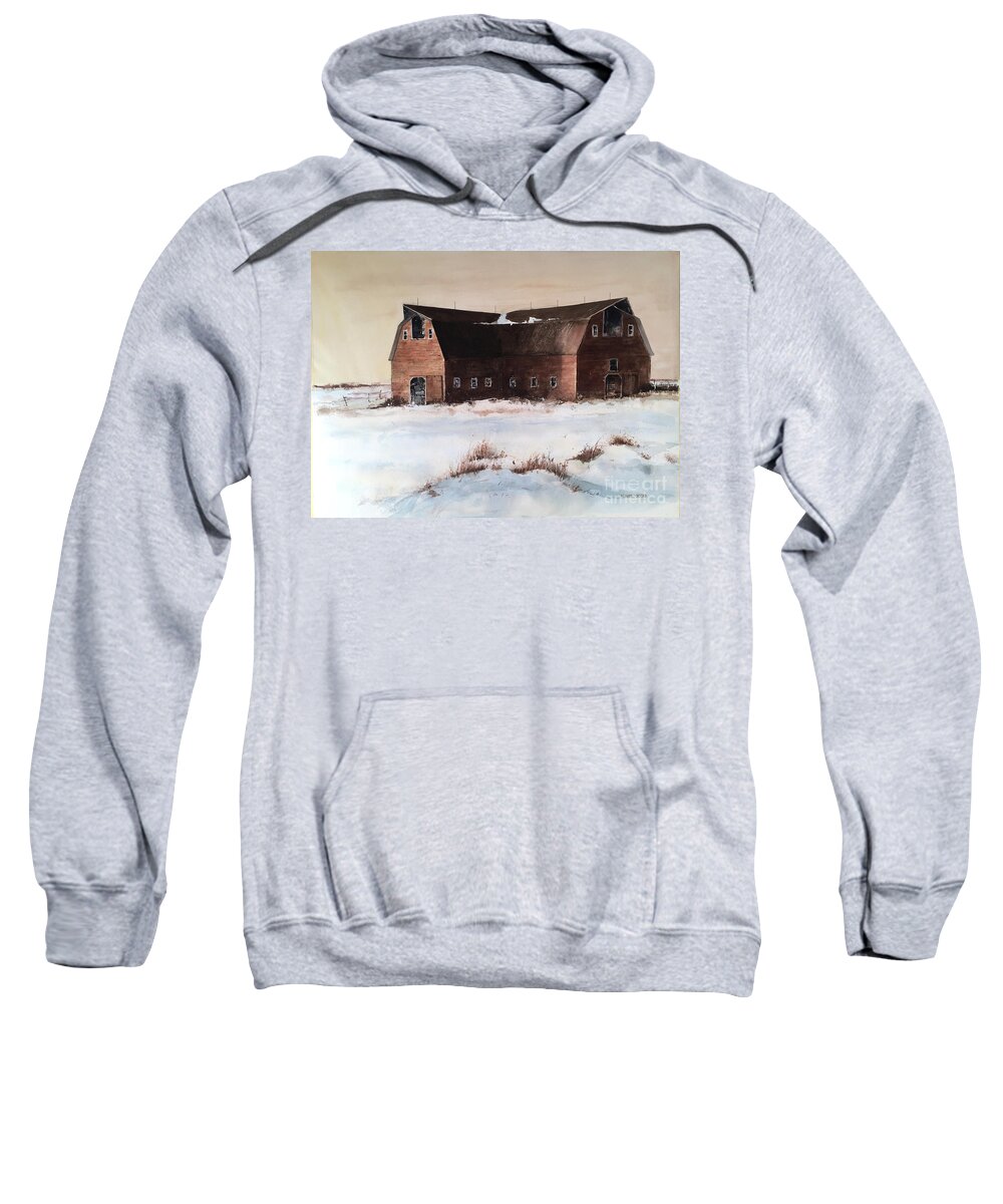 A Large Barn Sets In The Snow Covered Fields Of North Dakota. Sweatshirt featuring the painting The Red Barn by Monte Toon