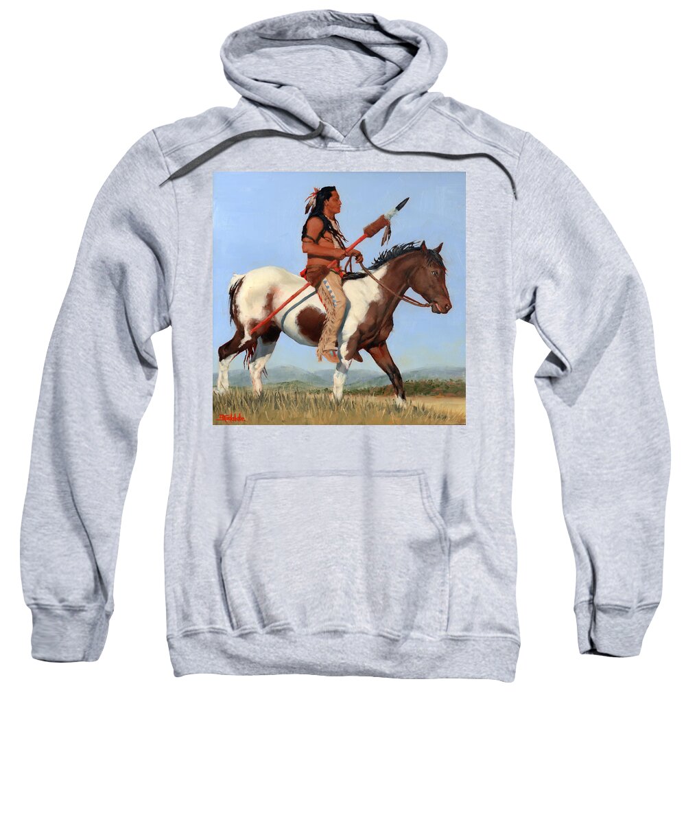 Native American Sweatshirt featuring the painting On The Lookout by Margaret Stockdale