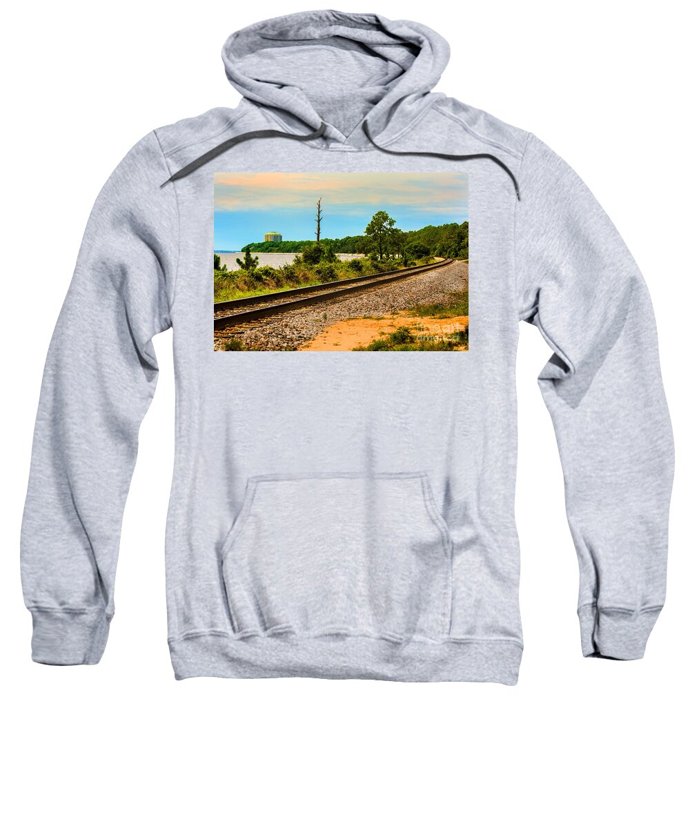 Train Sweatshirt featuring the photograph Train tracks and water by Metaphor Photo