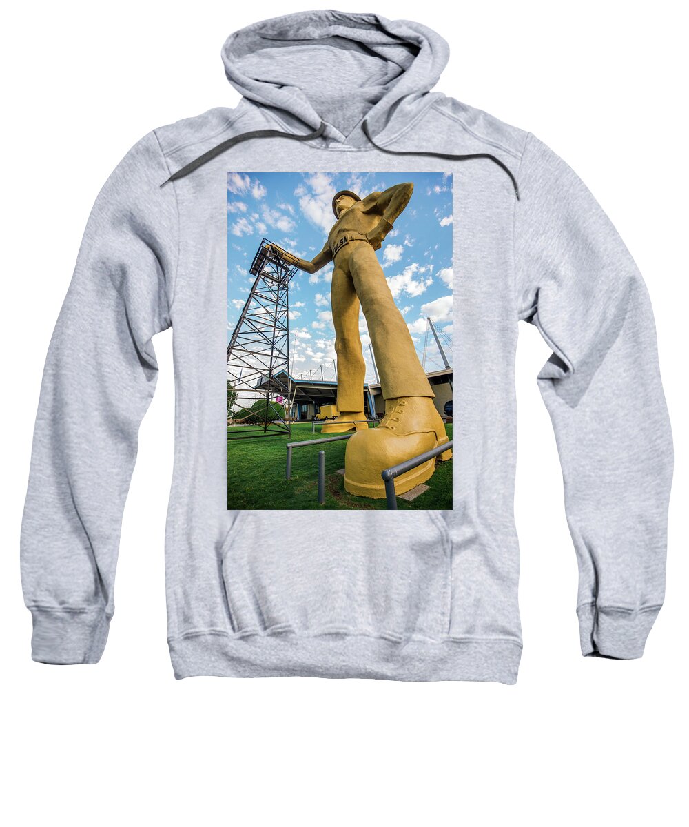 Tulsa Photography Sweatshirt featuring the photograph Tulsa Golden Driller from Below by Gregory Ballos