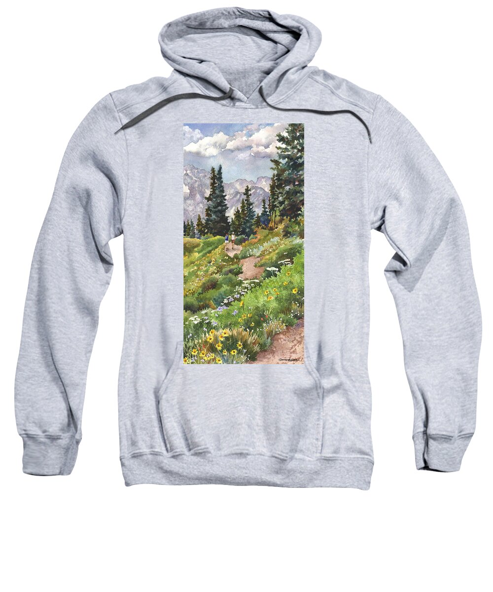 Colorado Hiking Trail Painting Sweatshirt featuring the painting Two Hikers by Anne Gifford