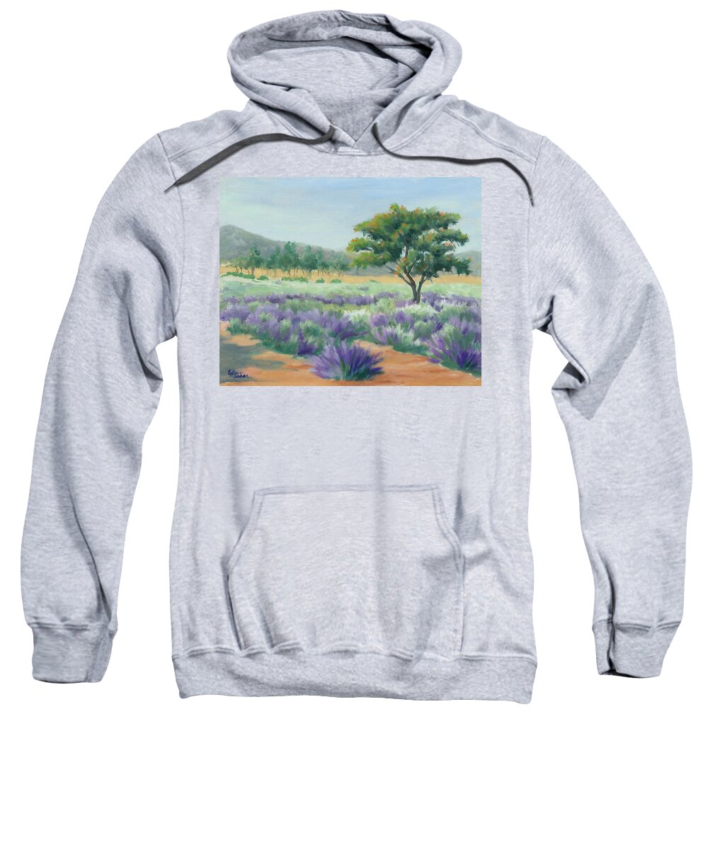 Lavender Fields Sweatshirt featuring the painting Under Blue Skies in Lavender Fields by Sandy Fisher
