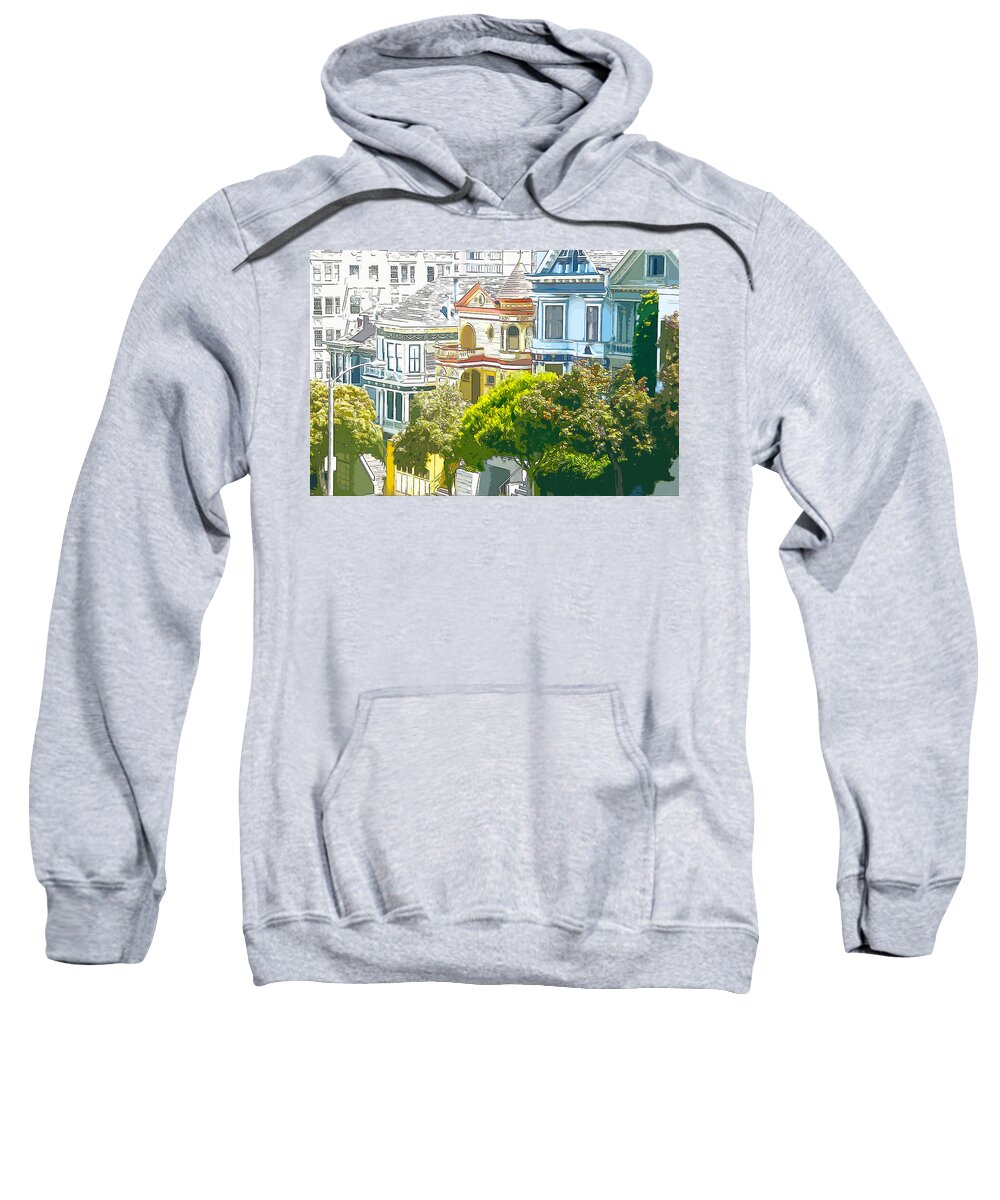Victorian Sweatshirt featuring the digital art Victorian Painted Ladies Houses in San Francisco California by Anthony Murphy