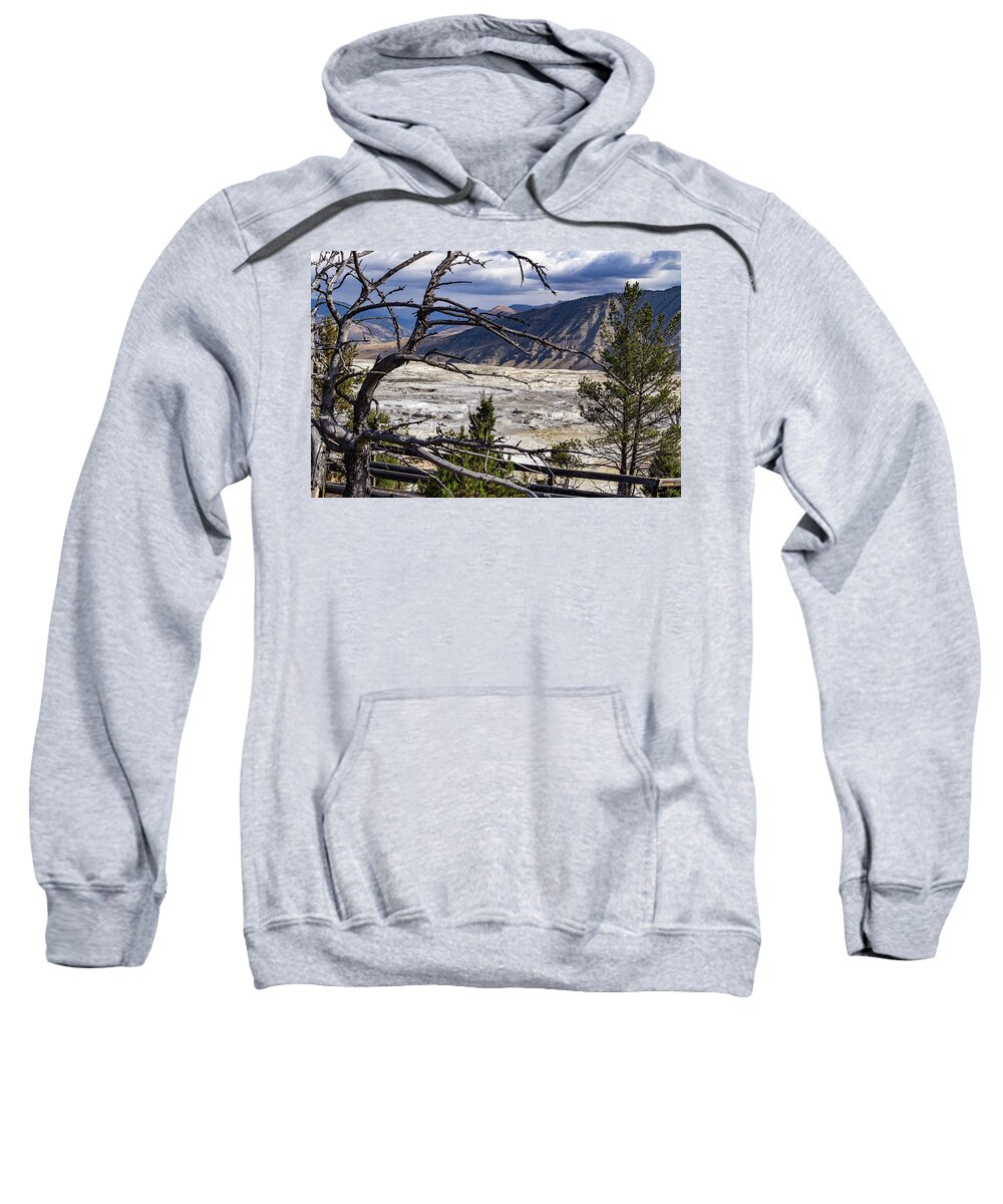 America Sweatshirt featuring the photograph View of the travertine and mountains from the pathway at Mammoth Hot Springs by Roslyn Wilkins