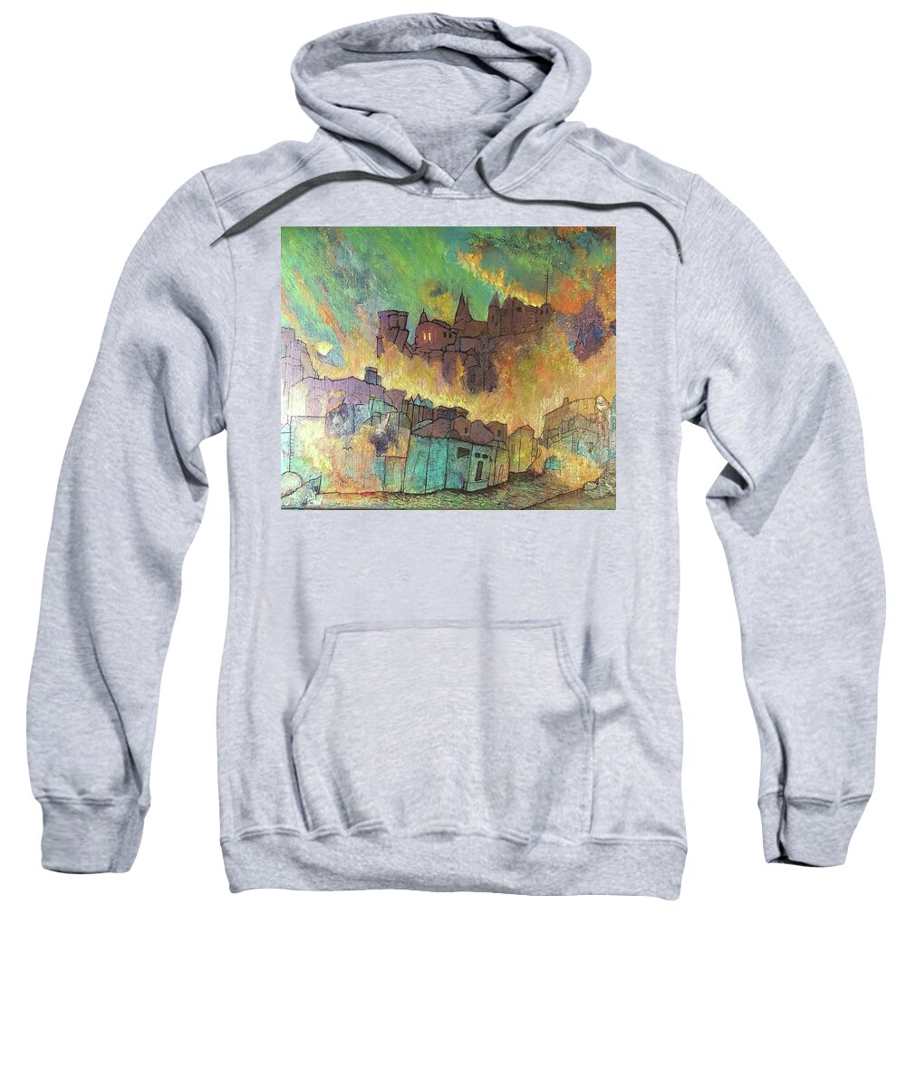 #abstractart #acrylicartforsale #artforsale #paintingsforsale #acrylicinks #acrylicinkpaintings Sweatshirt featuring the drawing Village on fire by Cynthia Silverman
