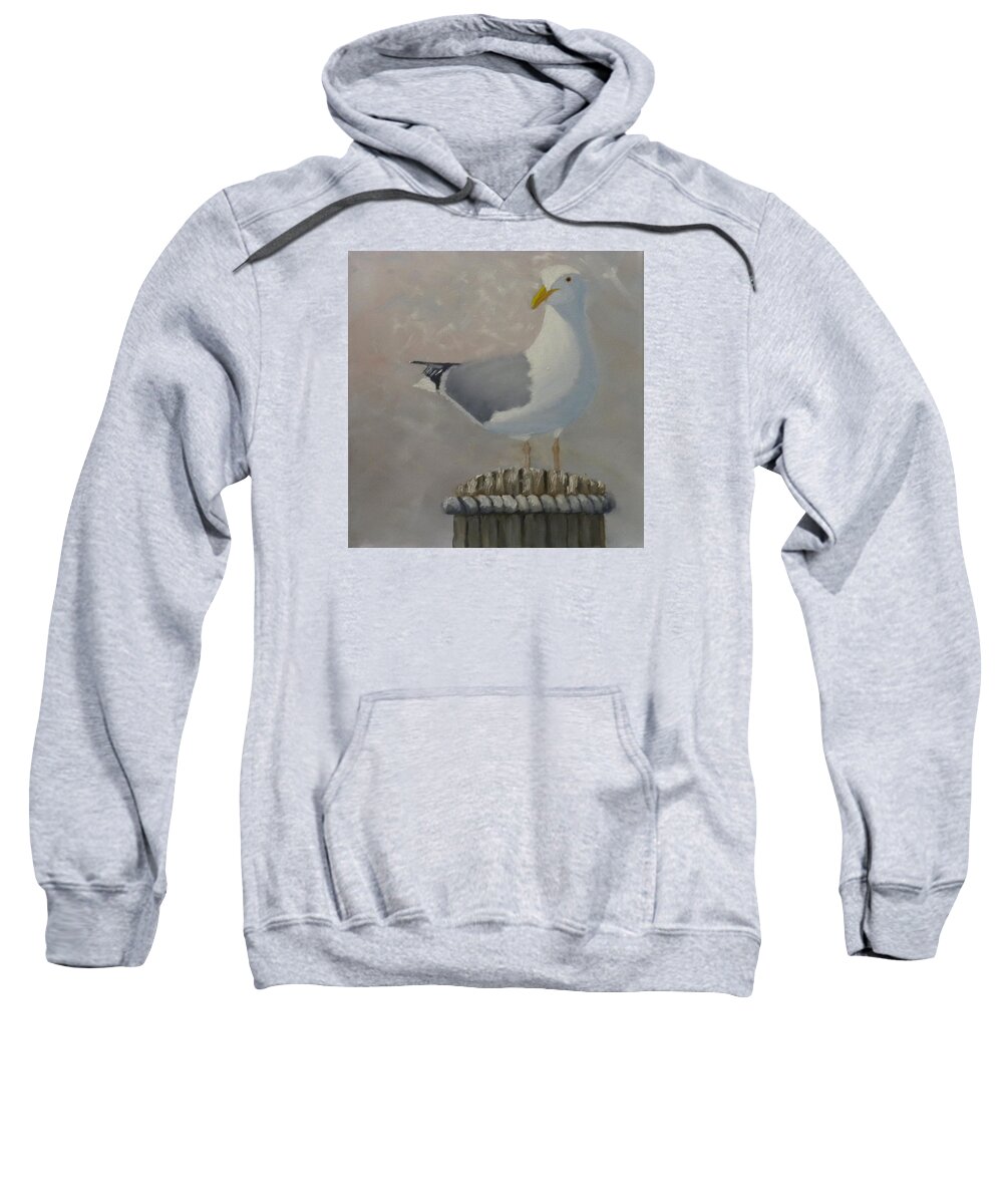 Bird Seagull Ocean Harbor Water Dock Seascape Landscape Sweatshirt featuring the painting Waiting For Lunch by Scott W White