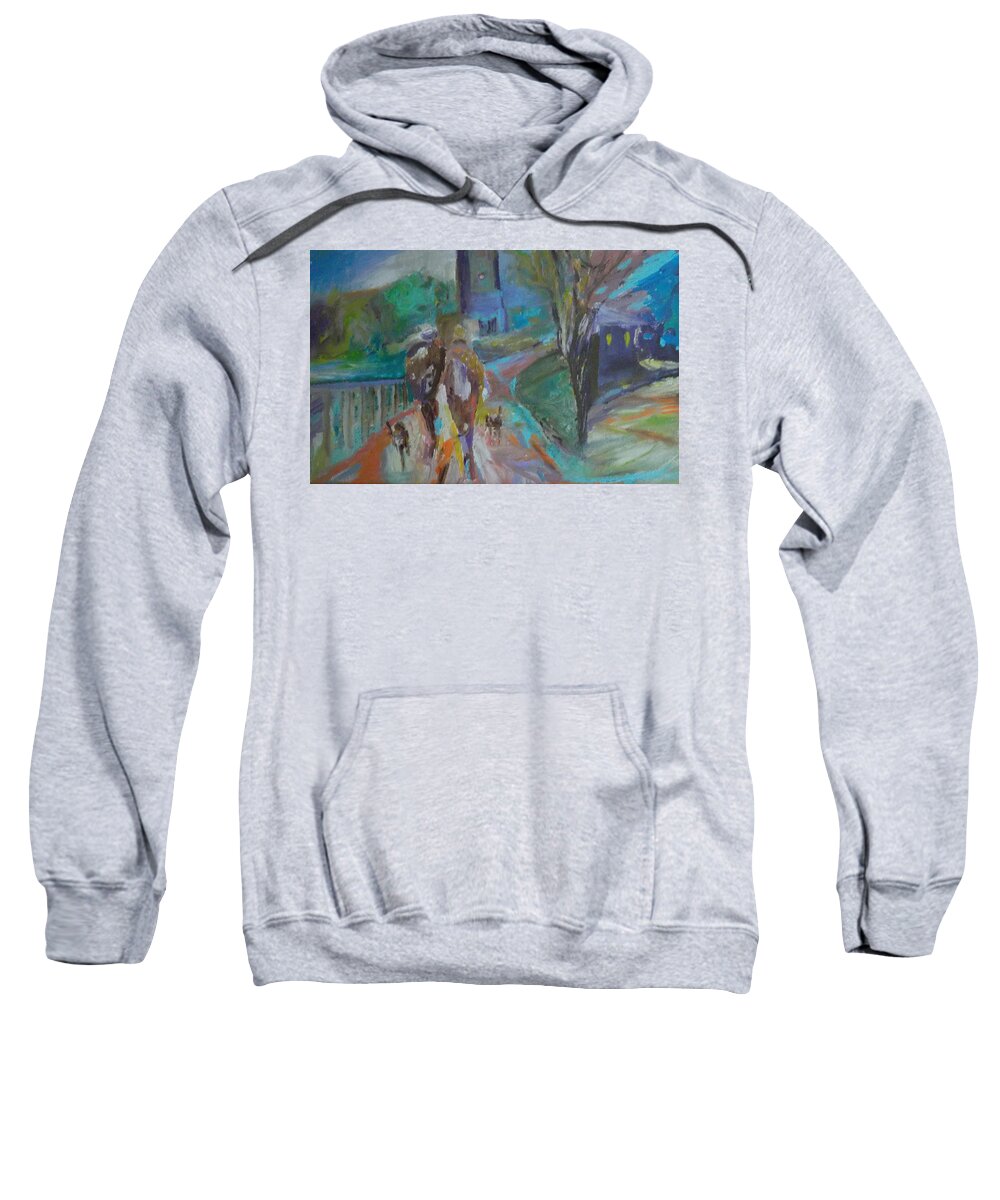 Cityscape Sweatshirt featuring the painting Walkin the Dogs by Susan Esbensen