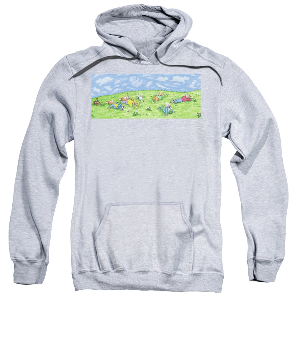 Breezy Bunnies Sweatshirt featuring the painting Watching the Clouds Roll By -- No Text by June Goulding