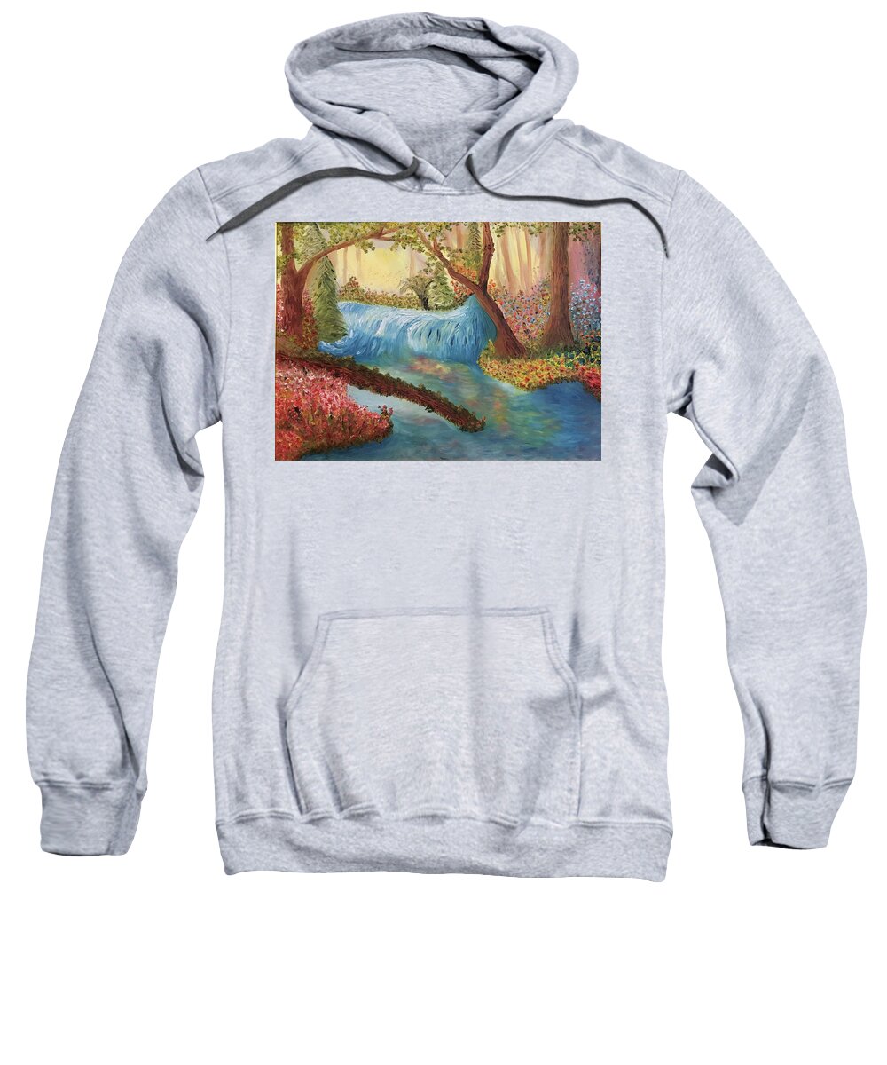 Springtime Sweatshirt featuring the painting Waterfall in Paradise by Susan Grunin