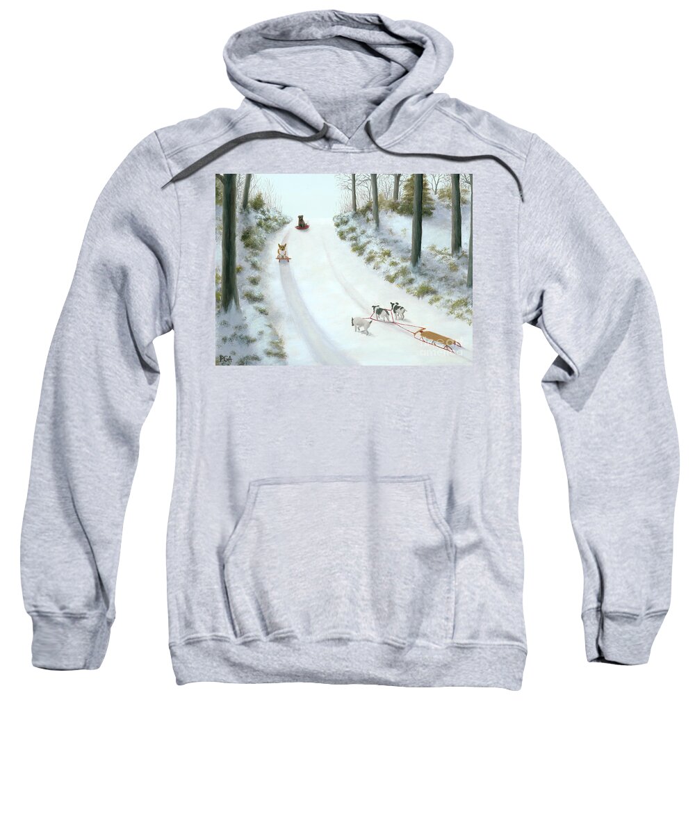 Corgi Sweatshirt featuring the painting What They Do While We're at Work by Phyllis Andrews