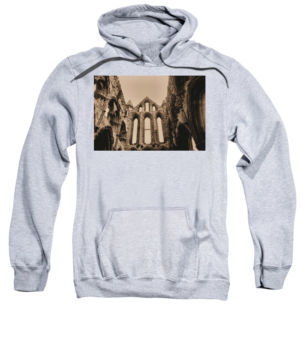 Whitby Abbey England Sepia Old Medieval Middle Ages Church Monastery Nun Nuns Architecture York Yorkshire Monasteries Ruins Saint Century Black Death Building  Cathedral Cloister Feudal Benedictine Monk Monks Celtic Bram Stoker Dracula Sweatshirt featuring the photograph Whitby Abbey #19 by Raymond Magnani