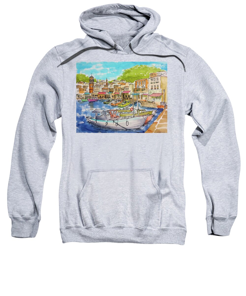 Boat Sweatshirt featuring the painting White Boat, Hydra Harbor by Vic Delnore