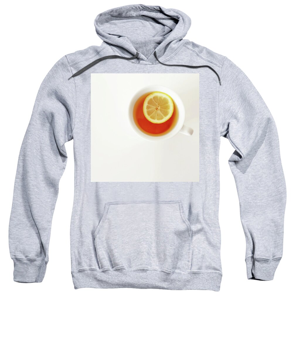 Tea Sweatshirt featuring the photograph White cup of tea with lemon by GoodMood Art