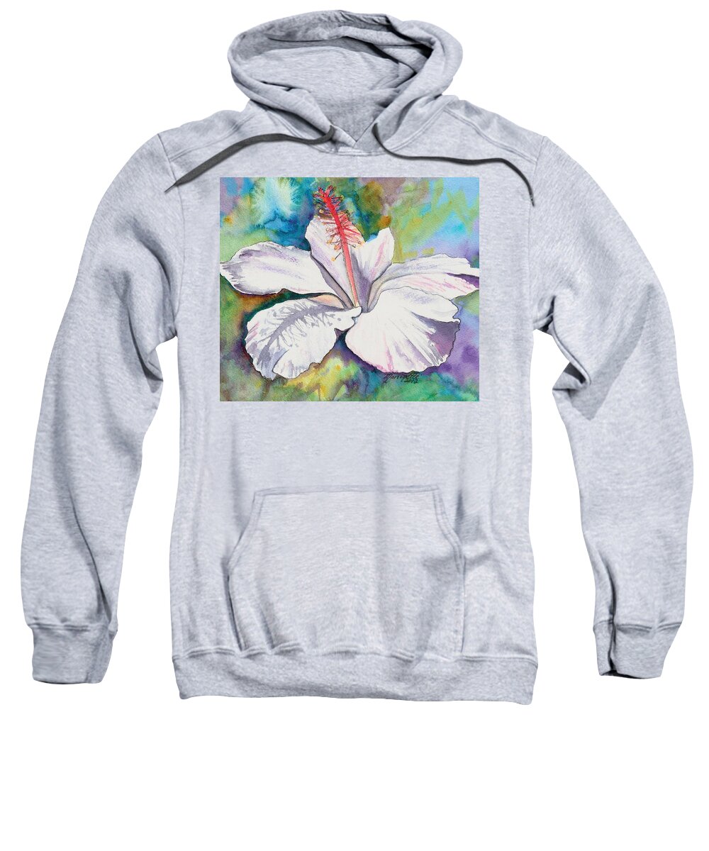 White Hibiscus Sweatshirt featuring the painting White Hibiscus Waimeae by Marionette Taboniar