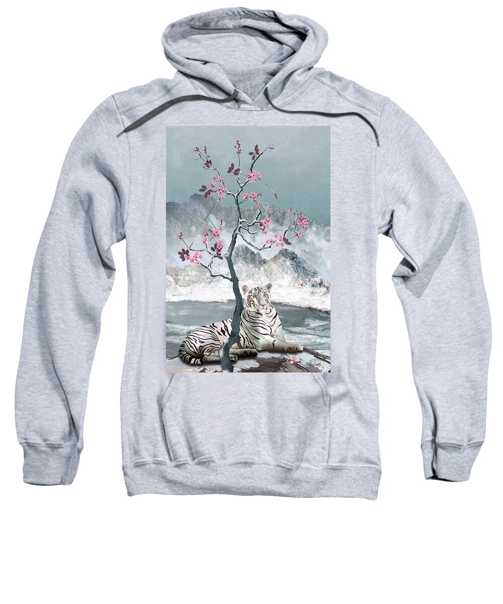 Tiger; Bengal; White Tiger; White; Winter; Snow; Mountains; Plum; Plum Tree; Blossoms; Plum Blossoms; Landscape; Asian; Chinese; China; Spadecaller; Digital; Digital Painting Sweatshirt featuring the digital art White Tiger And Plum Tree by M Spadecaller