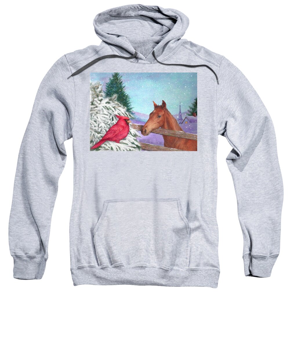 Snowy Landscape Sweatshirt featuring the painting Winterscape with horse and cardinal by Judith Cheng