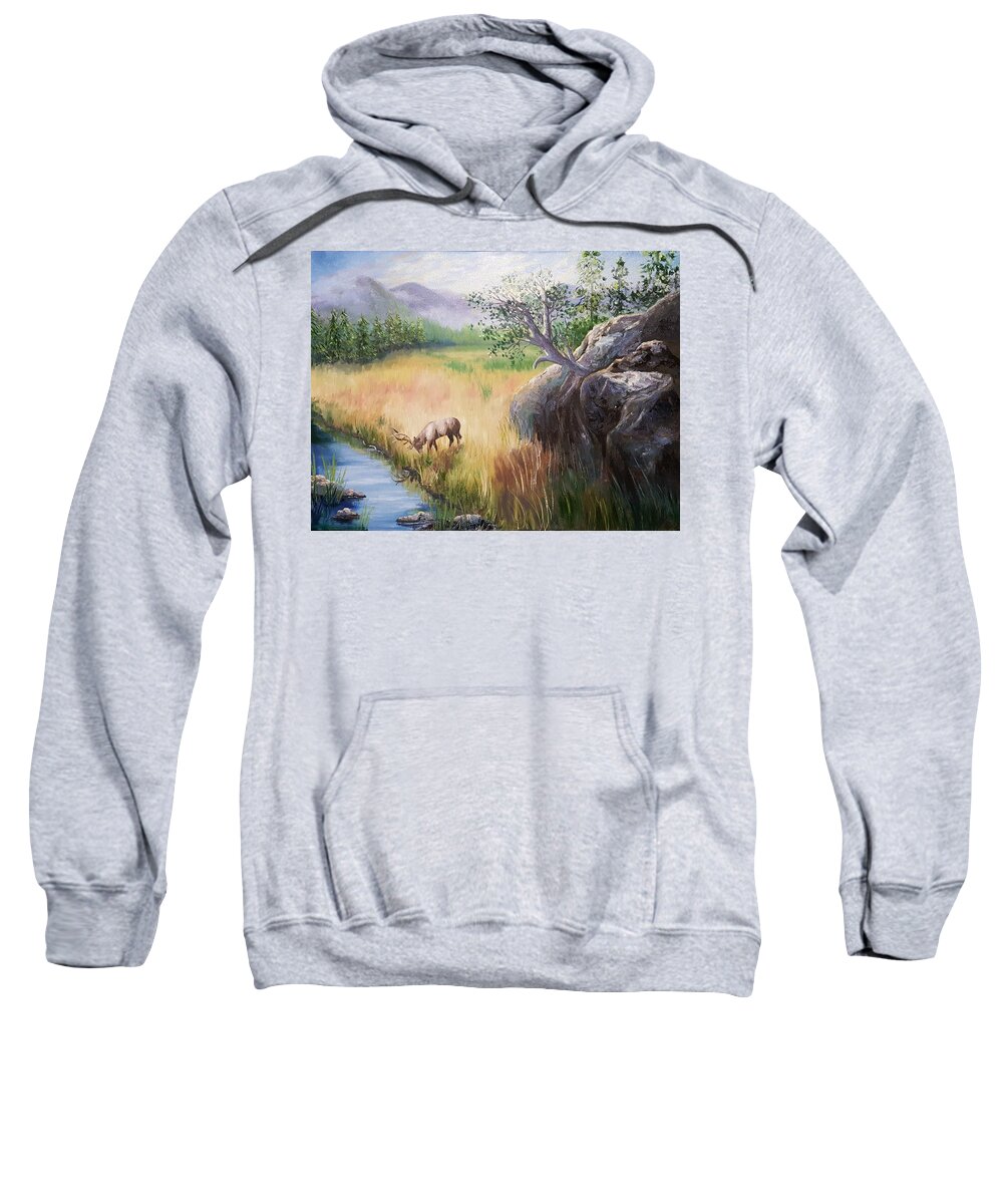 Elk Sweatshirt featuring the painting Within Yellowstone by Sharon Casavant