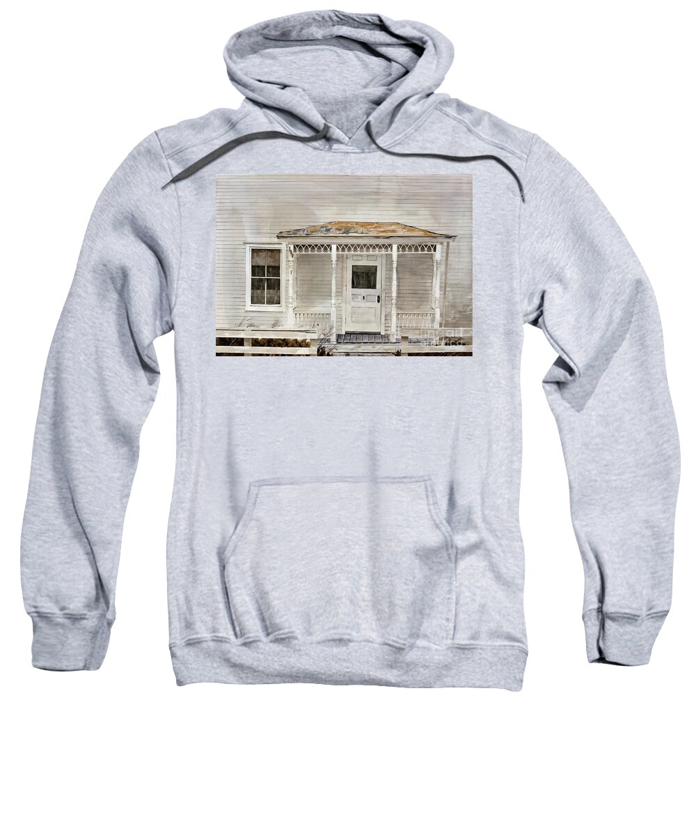 A Front Porch With Decorative Trim Graces A Weathering House At The Shaker Village Of Sabbeth Day Lake Sweatshirt featuring the painting Would Mother Ann Approve by Monte Toon