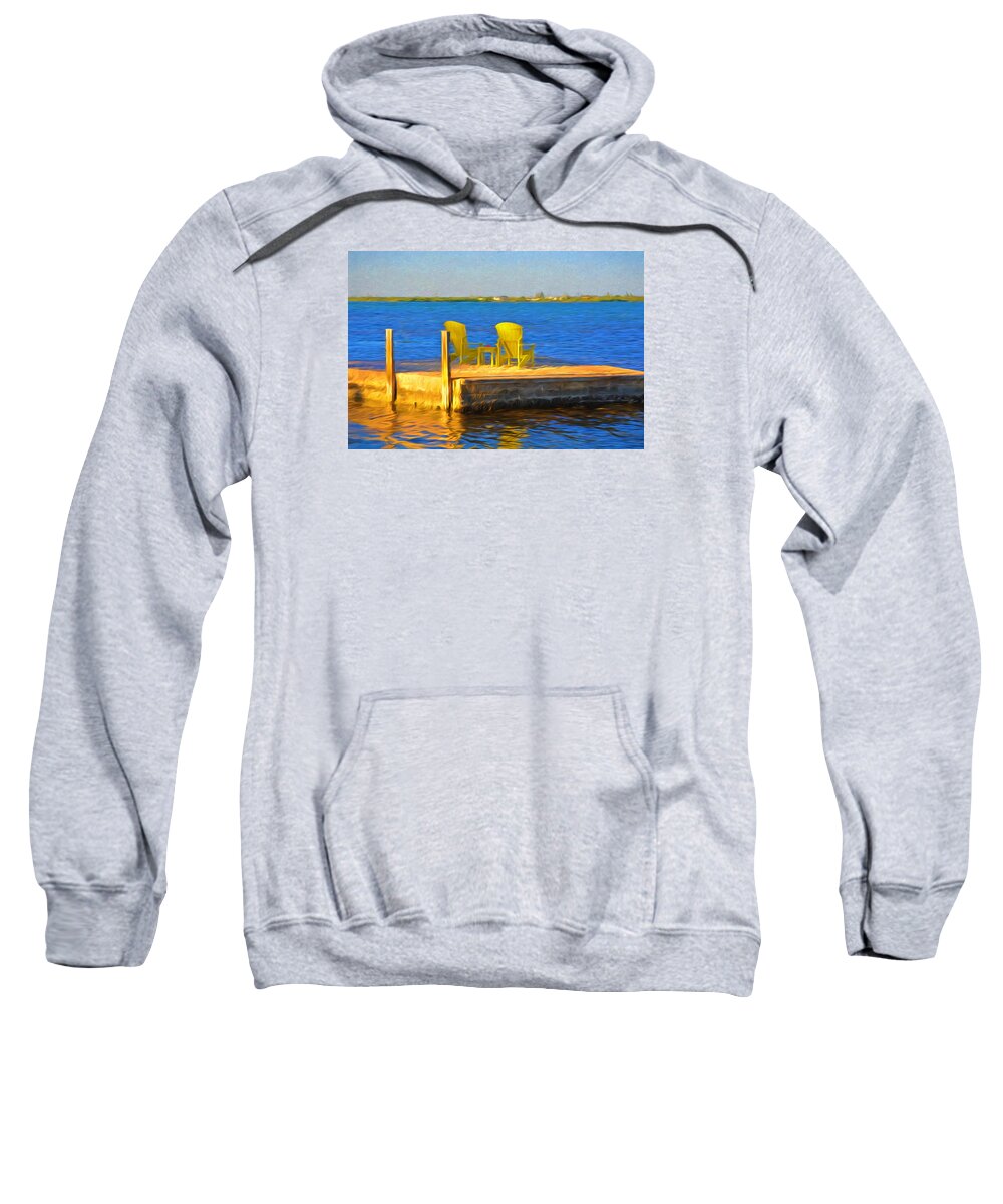 Parmer's Sweatshirt featuring the photograph Yellow Adirondack Chairs on Dock in Florida Keys by Ginger Wakem
