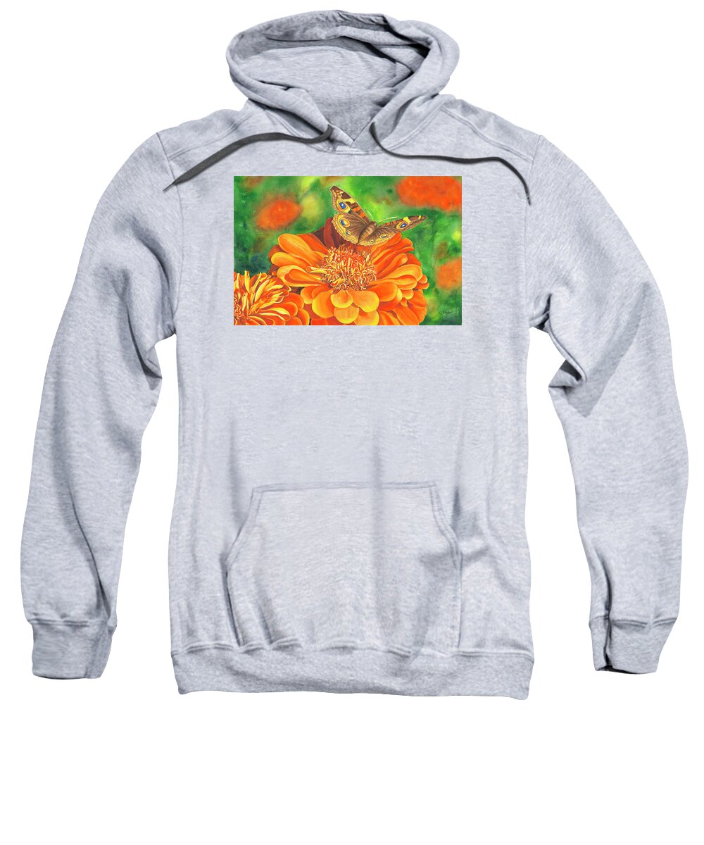 Zinnia With Butterfly Sweatshirt featuring the painting Zinnia Runway by Lori Taylor