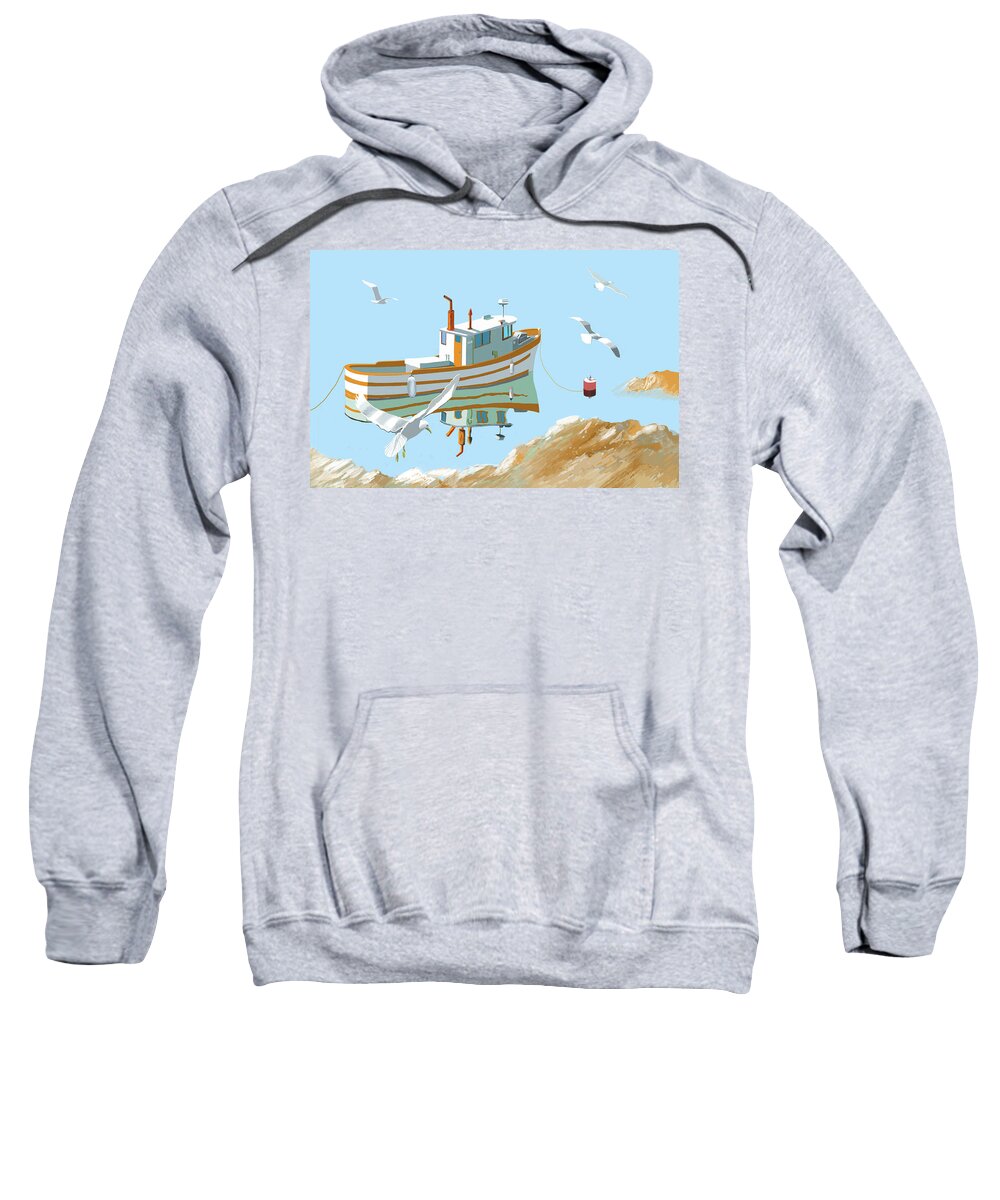 Seagull Sea Gull Sea Ocean Lake River Fish Boat Fishing Troller Trawler Sailing Sailboat Landscape Seascape Sweatshirt featuring the digital art A contemplation of seagulls #2 by Gary Giacomelli