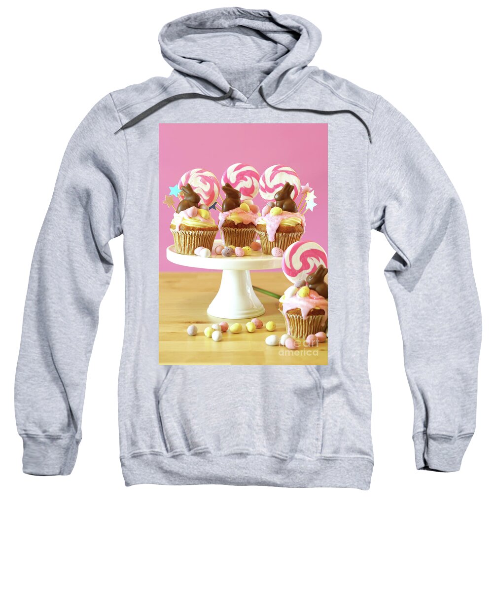 Easter Sweatshirt featuring the photograph Easter theme candy land drip cupcakes in party table setting. #3 by Milleflore Images