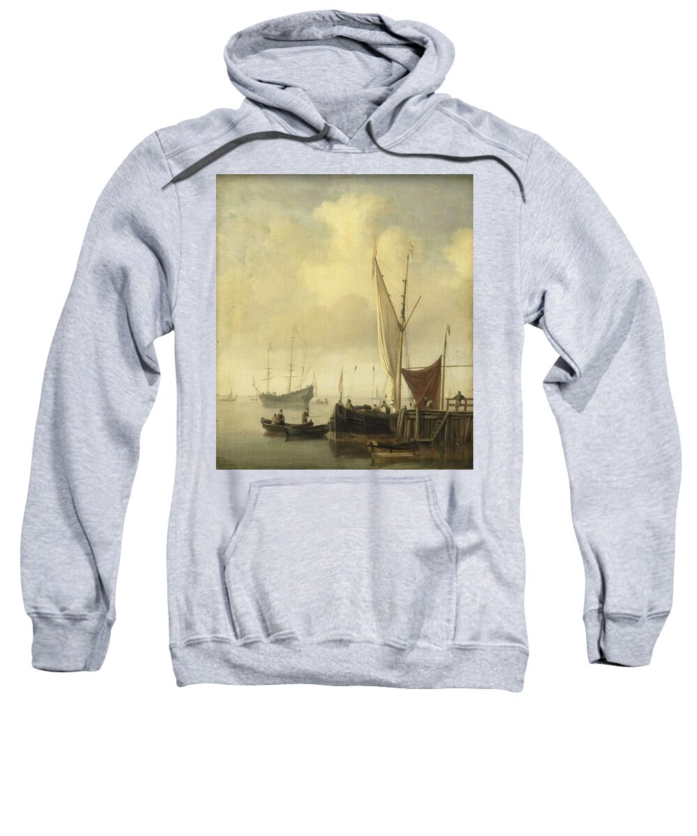 Oil On Panel Sweatshirt featuring the painting A Harbor. by Willem van de Velde -II-