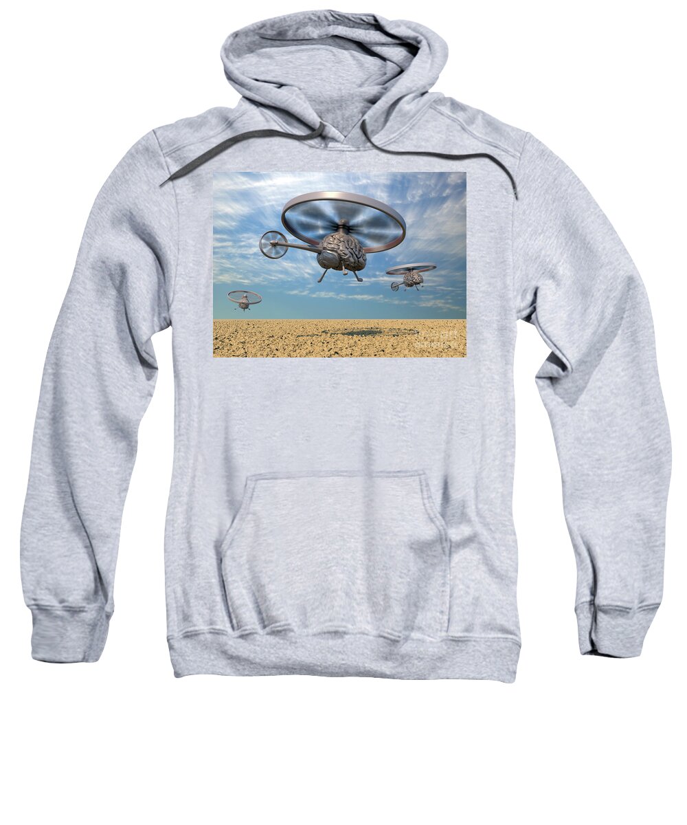 Ai Sweatshirt featuring the digital art Autonomous Helicopter Robot Drones With Clouds by Russell Kightley