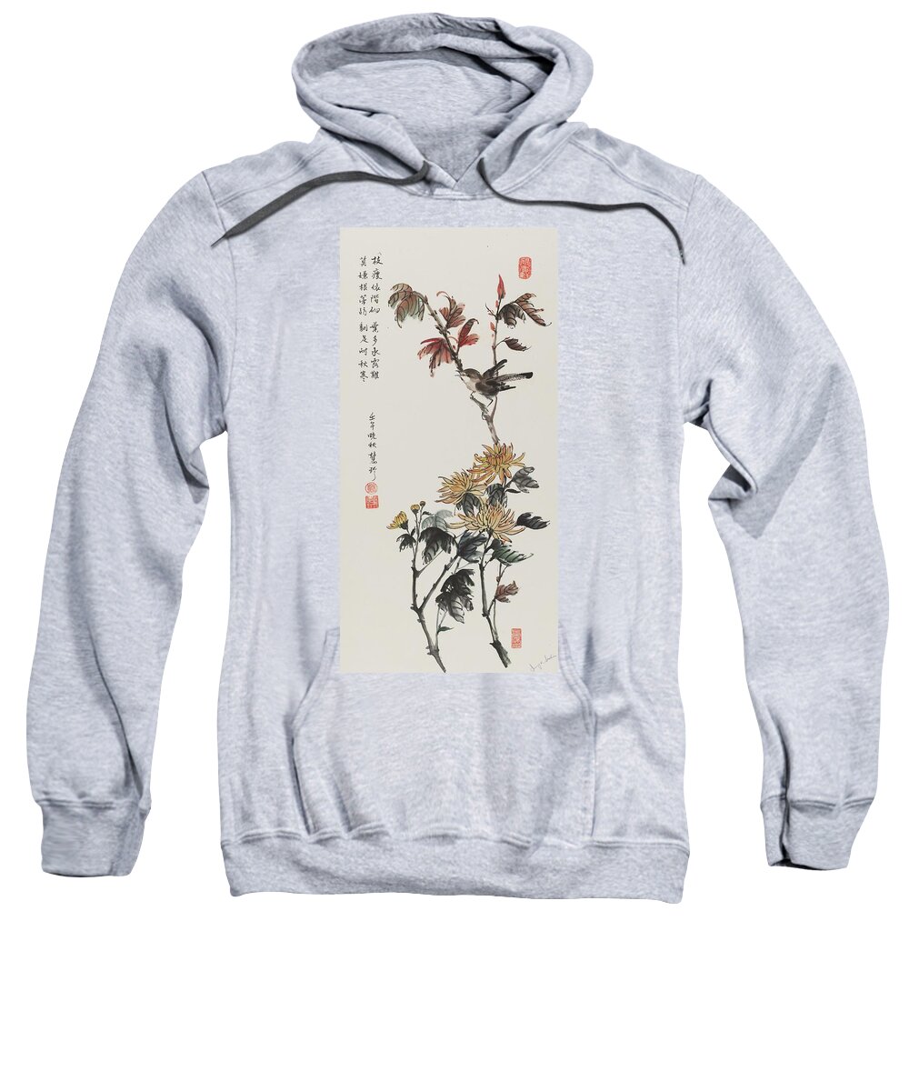 Chinese Watercolor Sweatshirt featuring the painting Chrysanthemums and Sparrow by Jenny Sanders