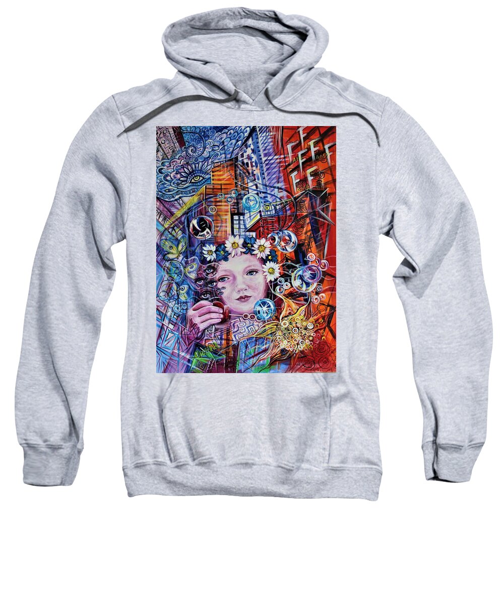 New York Sweatshirt featuring the painting Blowing Bubbles in NY by Yelena Tylkina