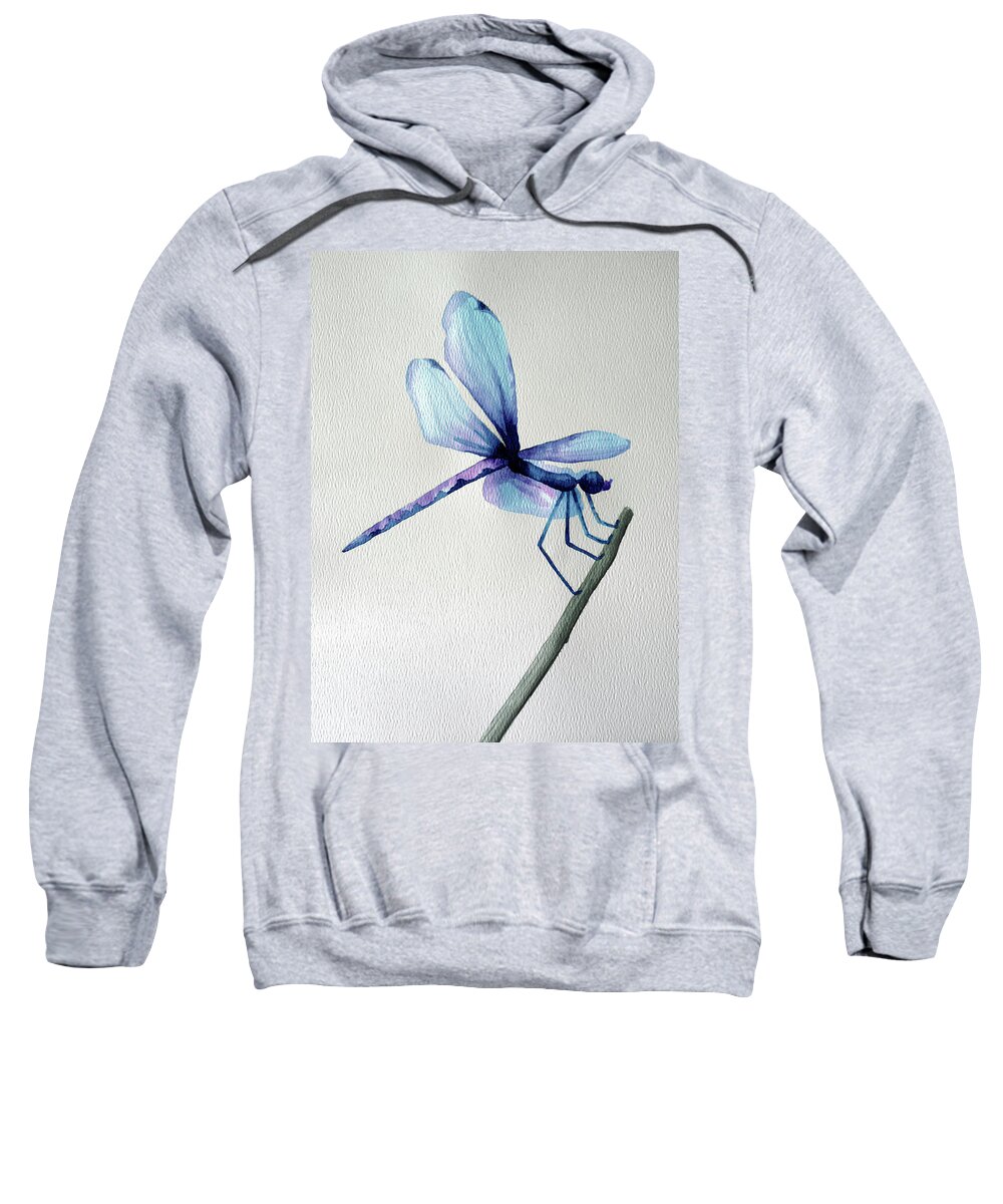Dragonfly Sweatshirt featuring the painting Blue Dragonfly by Lynellen Nielsen